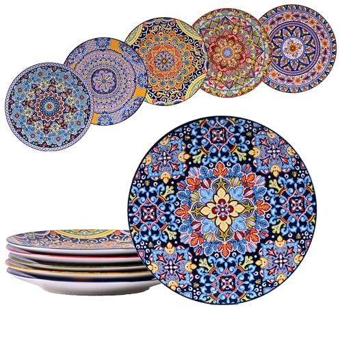 Romatlink 10.5 Inch Ceramic Dinner Plates Set of 6, Bohemian Appetizer Dessert Plates, Microwave Oven Dishwasher Safe, Hand Painted Artisan Design, Gift for Housewarming Thanksgiving