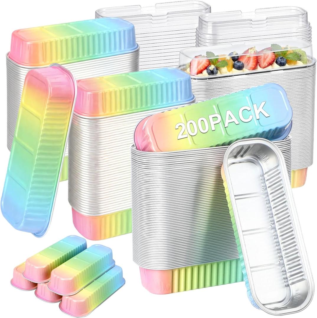 Qunclay 200 Pcs Aluminum Foil Mini Loaf Pans with Lids 6.8 oz Disposable Mini Cake Pan with Lid Rectangle Baking Cups for Party Muffin Cheesecake Ramekins(Rainbow)