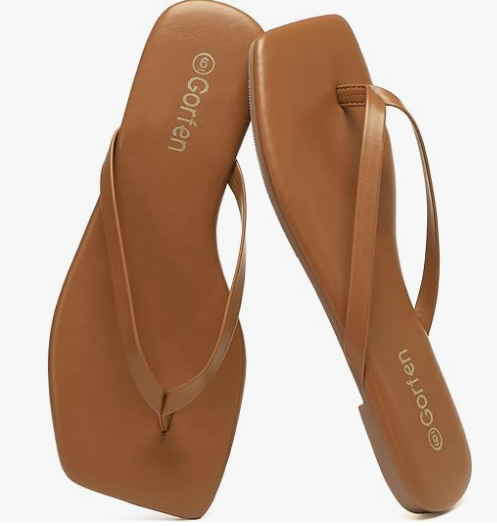 Gorfen Flip Flops for Women Comfortable Square Toe Casual Beach Sandals Summer Outdoor and Everyday Wear, Brown, Size 7