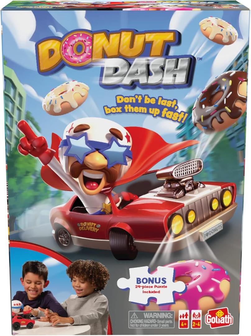 Goliath Donut Dash Game w/ 24pc Puzzle - Race to Pick Up Matching Donuts, Racecar Does Real Donuts On Table Or Hard Floor - Includes 24-Piece Puzzle