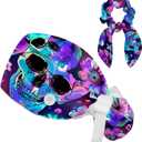 Womens Working Cap Scrub Hats with Bow Scrunchies, Skeleton Pattern Bouffant Surgical Cap Ponytail Holder