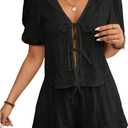 OYOANGLE Women's 2 Piece Outfits Textured Bow Tie Short Sleeve Blouse and Wide Leg Shorts Set (Medium, Black)