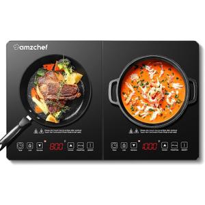 Double Induction Cooktop AMZCHEF Induction Cooker 2 Burners, Low Noise Electric Cooktops With 1800W Sensor Touch, 20 Temperature & Power Levels,Independent Control,3-hour Timer, Safety Lock (Silver)