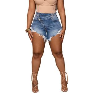 PINSV Women's High Waisted Crossover Denim Shorts (Large, Light Blue)