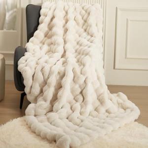 Super Comfort Oversized Warm Thick Bubble Luxury Plush Rabbit Faux Fur Throw Blanket, Fluffy Blanket,Soft Cozy Blanket for Couch Chair Bed Sofa Living Room (White, 60inX80in)