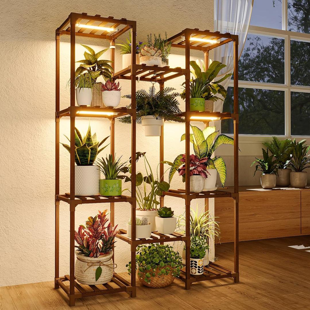 Bamworld Plant Stand with Grow Light Plant Shelf for Mutiple Pots Large Plant Holder for Living Room Patio Boho Home Decor for Gardening Warm Light
