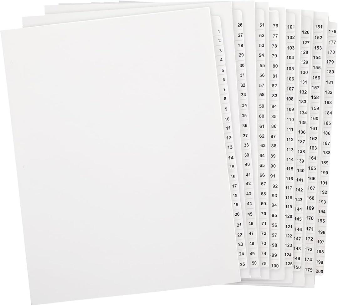 Yeaqee 1-200 Tab Dividers, Numbered Dividers, Un-Punched, Letter Size, White