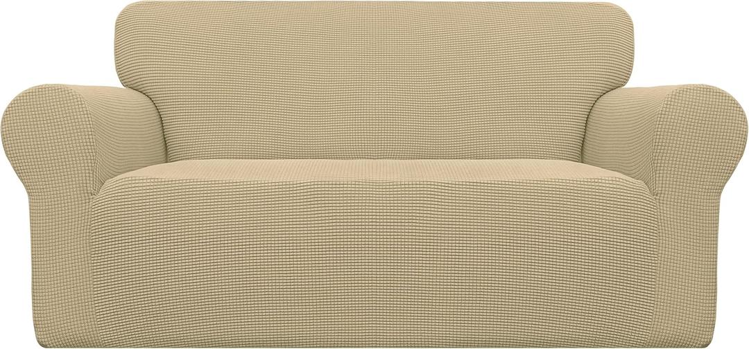 Easy-Going Stretch Loveseat Slipcover 1-Piece Sofa Cover Furniture Protector Couch Soft with Elastic Bottom for Kids Polyester Spandex Jacquard Fabric Small Checks (Loveseat, Beige)