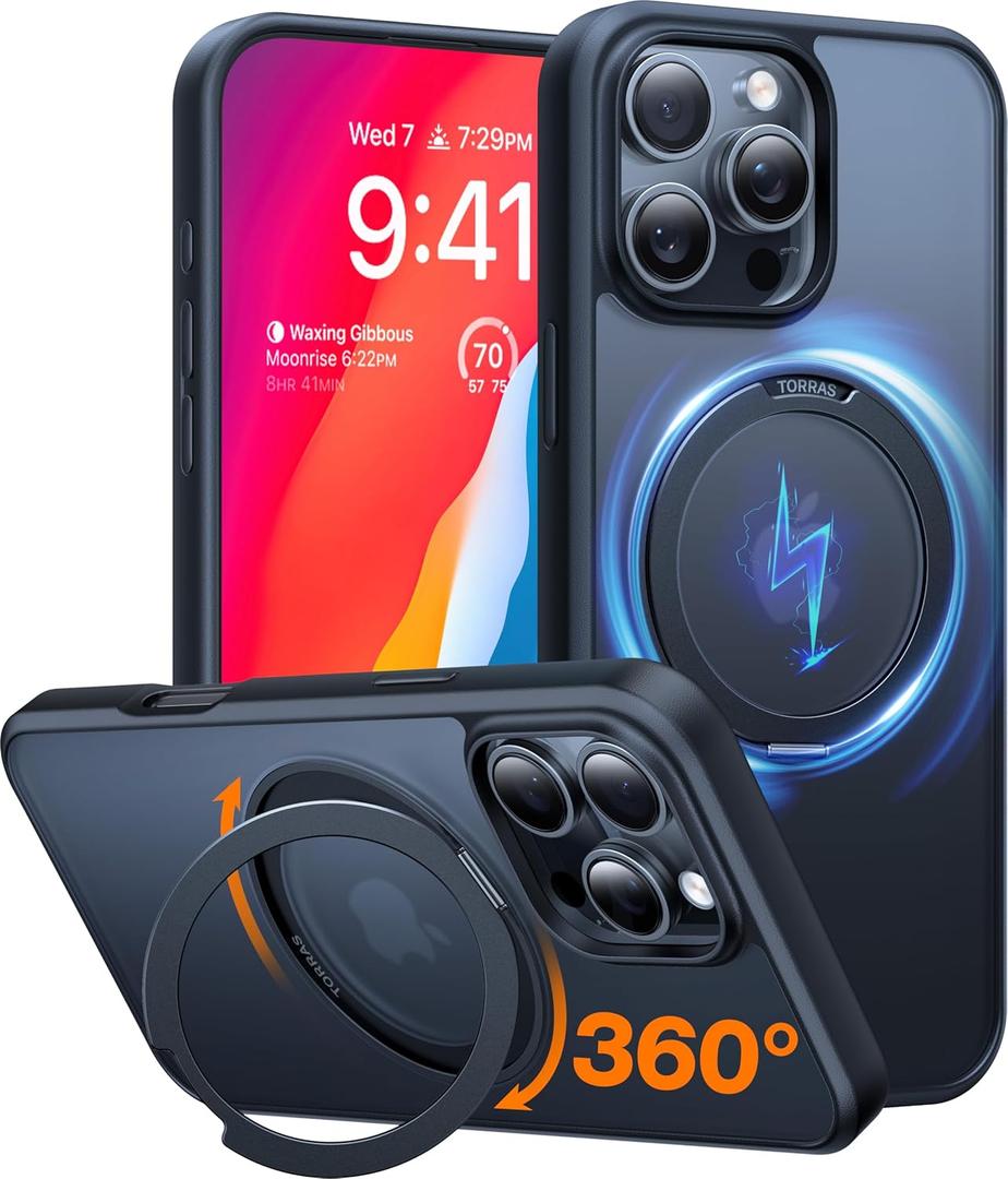 TORRAS Upgrade 360Rotatable Magnetic for iPhone 16 Pro Case 6.3 inch, Fit for MagSafe 16 Pro Phone Case, 16FT Mil-Grade Shockproof, Flush Stand Ring Holder, Translucent Slim Protective Ostand, Black