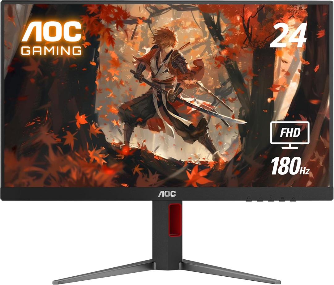 AOC 24G4 24" Gaming Monitor, Full HD 1920x1080 IPS Panel, 180Hz 1ms, 1x HDMI 2.0, 1x Display Port, Adaptive-Sync, Audio Earphone Out, Console Gaming Ready, 3-Year Zero-Bright-Dot