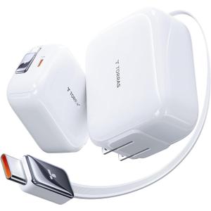 TORRAS FlexLine 67W USB C Charger Block, GaN  Fast Charging with Retractable USB C Cable, Dual-Port for iPhone 16/15, MacBook Pro/Air,iPad, Samsung Galaxy S25 Ultra/Google Pixel 10 Pro & More,39.37in (White)