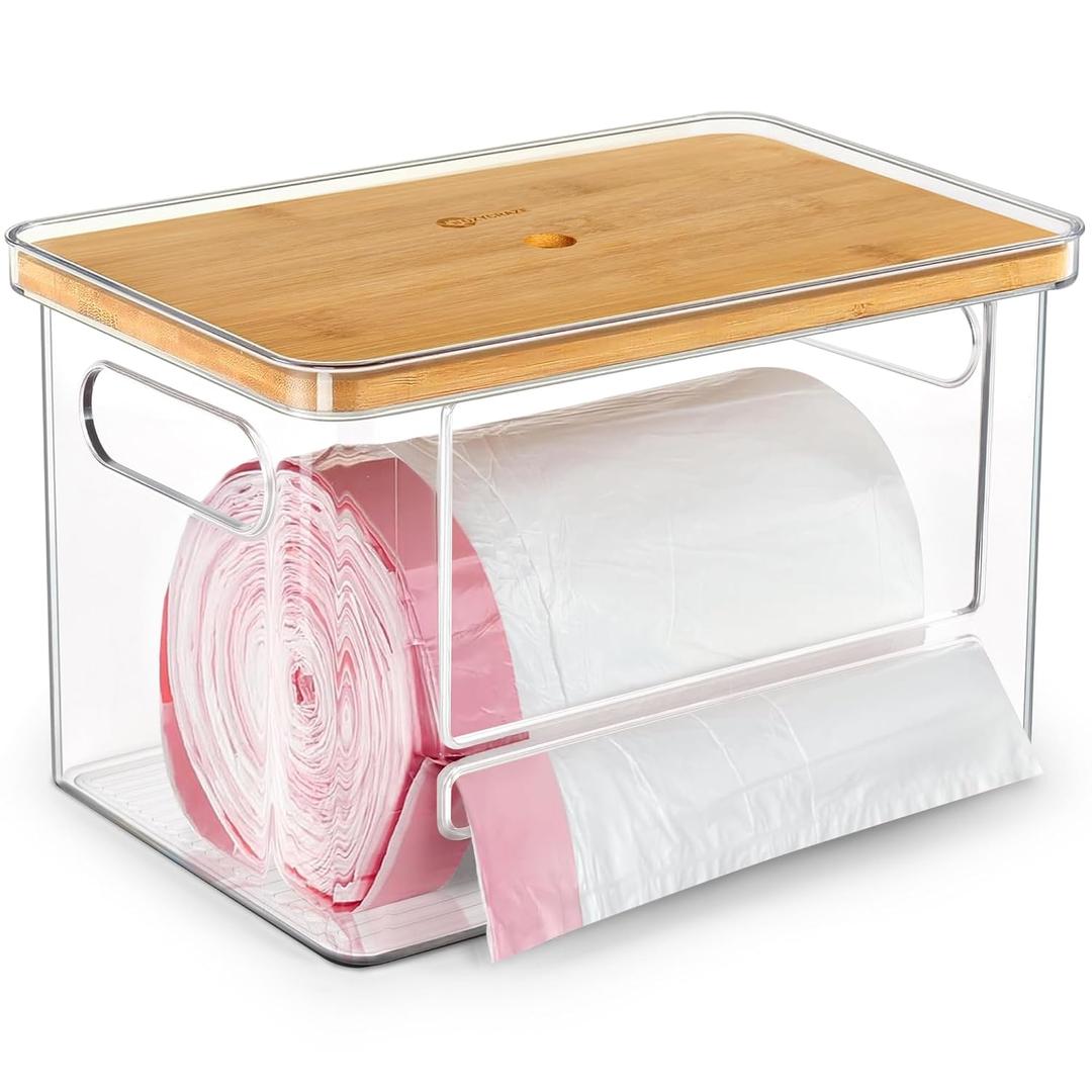 Stackable Trash Bag Dispenser with Wooden Top for Holding 13/30/33-Gallon Large Bag Sizes Extra-Large Garbage Bag Holder with Anti-Slip Base, Trash Bag Dispenser Under Sink (11.5"x7.5"x7" inches)