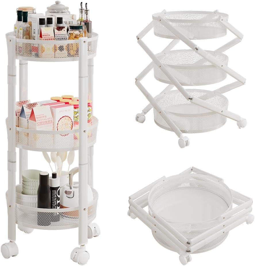 No Assemble 3 Tier Rolling Storage cart, Folding Utility cart with 2 Lockable Wheels, Multifunction Storage Organizer, Perfect for Bathroom, Kitchen, Snack, Craft (White)