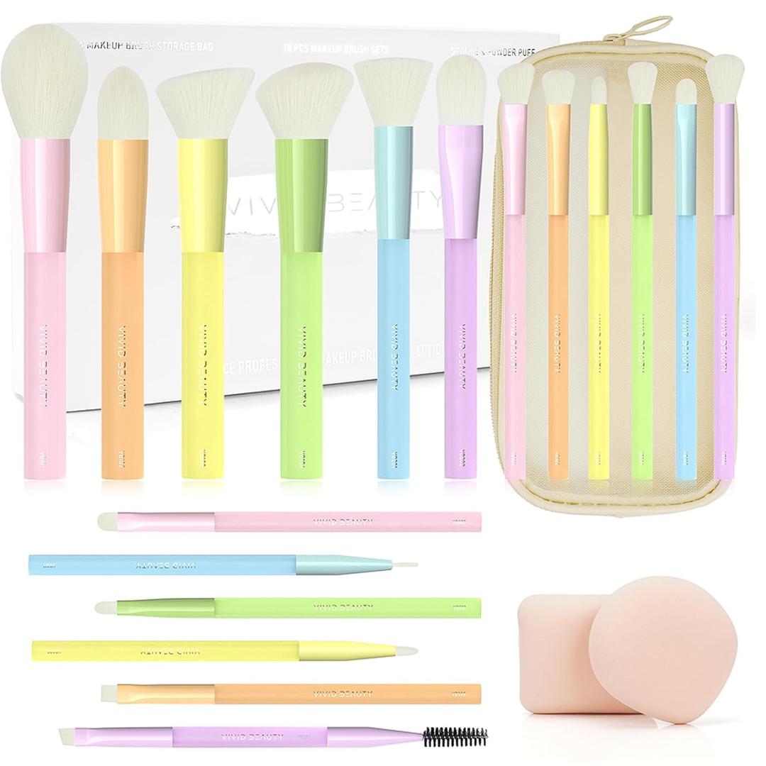 Makeup Brushes, 18Pcs Makeup Brush Set with 2 Sponges & Travel Bag, Colorful Make up Brushes for Foundation Powder Blush Blending Eyeshadow, Soft Synthetic Fiber, Rubber Handle, Face & Eye Brush Kit (Multi-Colored)