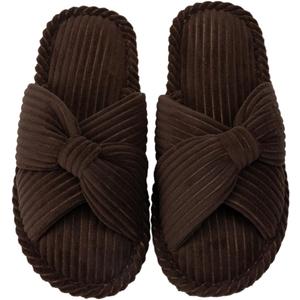 Enteer Women's Corduroy Bow Memory Foam Slippers, Open Toe Cross Band Non-Slip Indoor Outdoor House Slippers