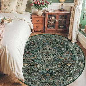 6ft Round Area Rugs for Living Room, Washable Floral Circle Rug Non Slip Low Pile, Vintage Boho Botanical Birds Throw Carpet for Farmhouse, Bedroom, Dining Room, Retro Green/Blue (Dark Green (Larger Pattern))