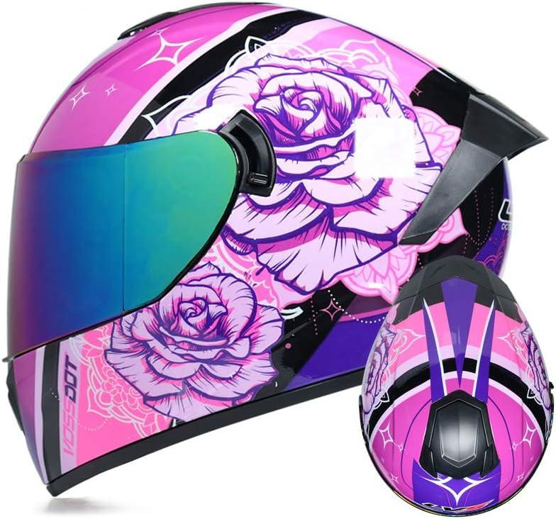 Full Face Motorcycle Helmet DOT Approved Motorbike Moped Street Bike Racing Crash Helmet, Men and Women (Large, Rose Color mirror)