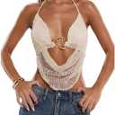 MakeMeChic Women's Y2k Crochet Halter Top Open Back Metal Ring Draped Front Summer Sequin Rave Party Going Out Tops, S