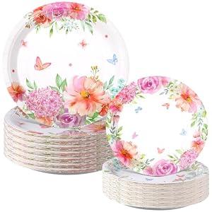 Mumufy 100 Pack Floral Paper Plates Watercolor Floral Dinner Plates and Pink Spring Flower Dessert Tea Party favors for Wedding Bridal Shower Engagement Birthday Dining