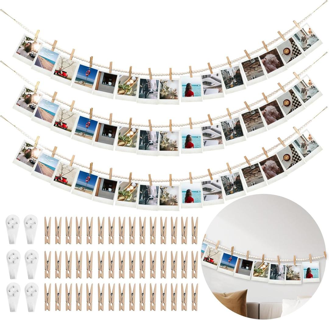 Hanging Photo Display Wall Decor with 45 Wood Clips, YuanDe 67 Inches Boho Wooden Bead Garland Collage Picture Frame Photos String DIY, Photo Hanger for Bedroom Office Dorm Room Decor Gifts(3PCS) (Brown)
