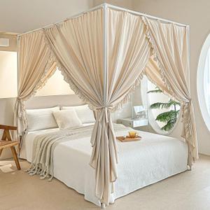 AIKASY Princess Canopy Bed Curtains with Top Ties - Windproof & Lightproof for Girls' Adult Bedroom Decor | Bed Canopy Drapes (Queen,Khaki)