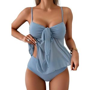 B2prity Womens Mesh Tankini Swimsuits Flowy Two Piece Bathing Suit V Neck Tie Knot Swim Top with High Waisted Bottom (Medium,Grey Blue)