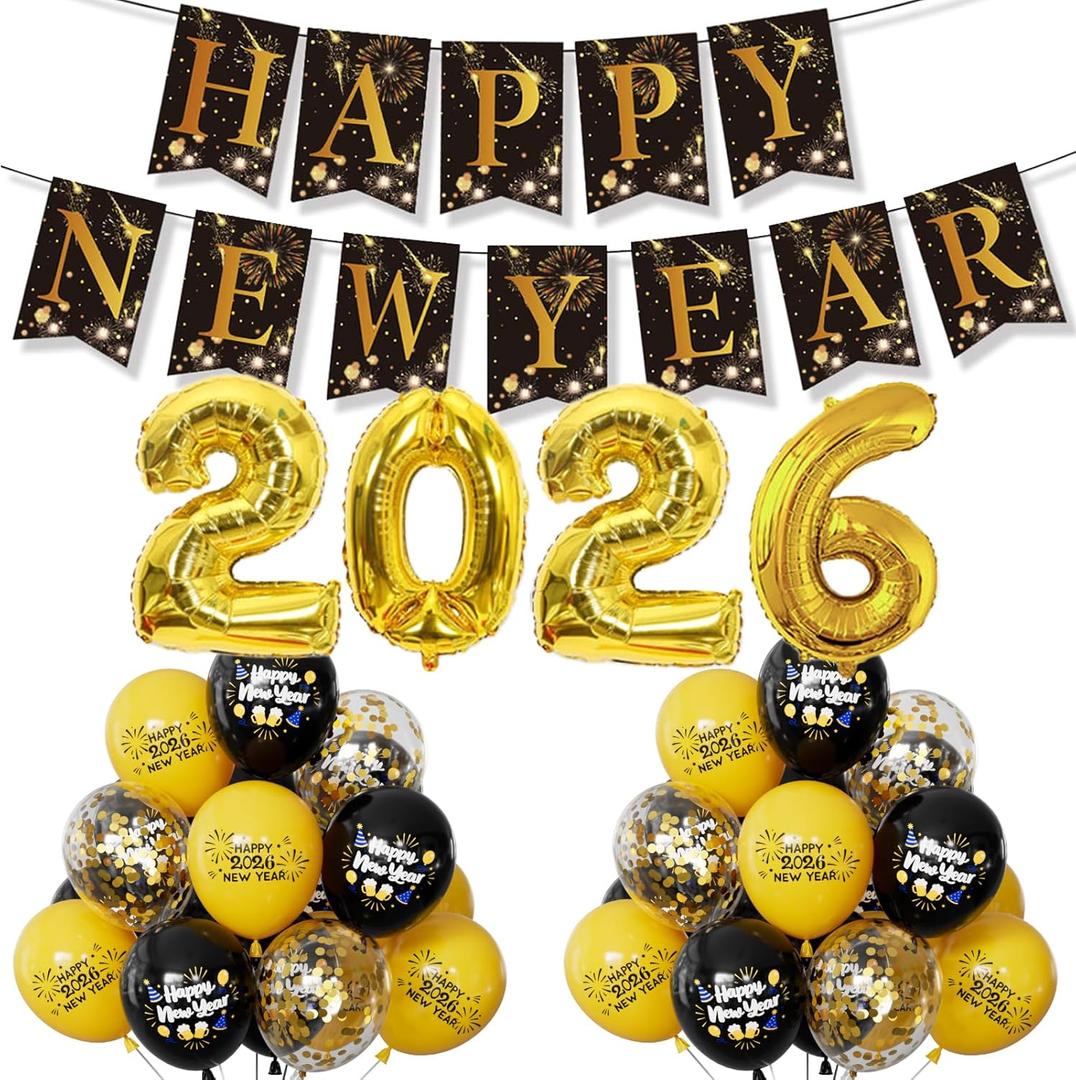 Happy New Year Decorations 2026 - New Years Eve Party Supplies Kit with Banner, Number 2026 Foil Balloons, Gold Black Printed Balloons Gitter Confetti Latex Balloon, Photo Props Indoor Outdoor