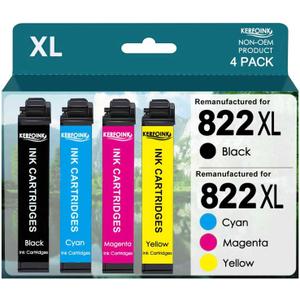 822XL Ink Cartridges Remanufactured for Epson 822XL Ink Cartridges 822 822 XL with Workforce Pro WF-3820 WF-3823 WF-4820 WF-4830 WF-4833 Printer (Black Cyan Magenta Yellow)