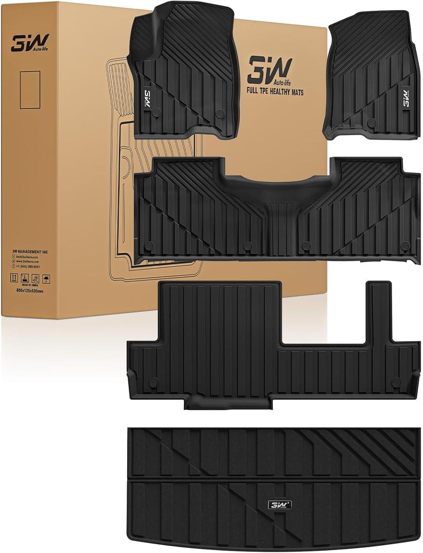 3W Floor Mats & Cargo Liner for 2021-2025 2026 Chevrolet Tahoe/GMC Yukon (Only for 8 Seats, Not for XL), All Weather Protection Anti-Slip & Durable TPE Full Set Liners Automotive Accessories