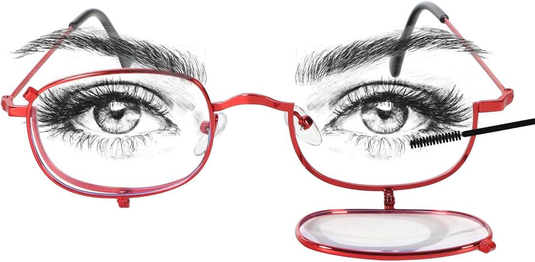 MMOWW Makeup Reading Glasses for Women Metal Frame Flip Down Magnifying Cosmetic Readers Blue Light Blocking, 2.5x