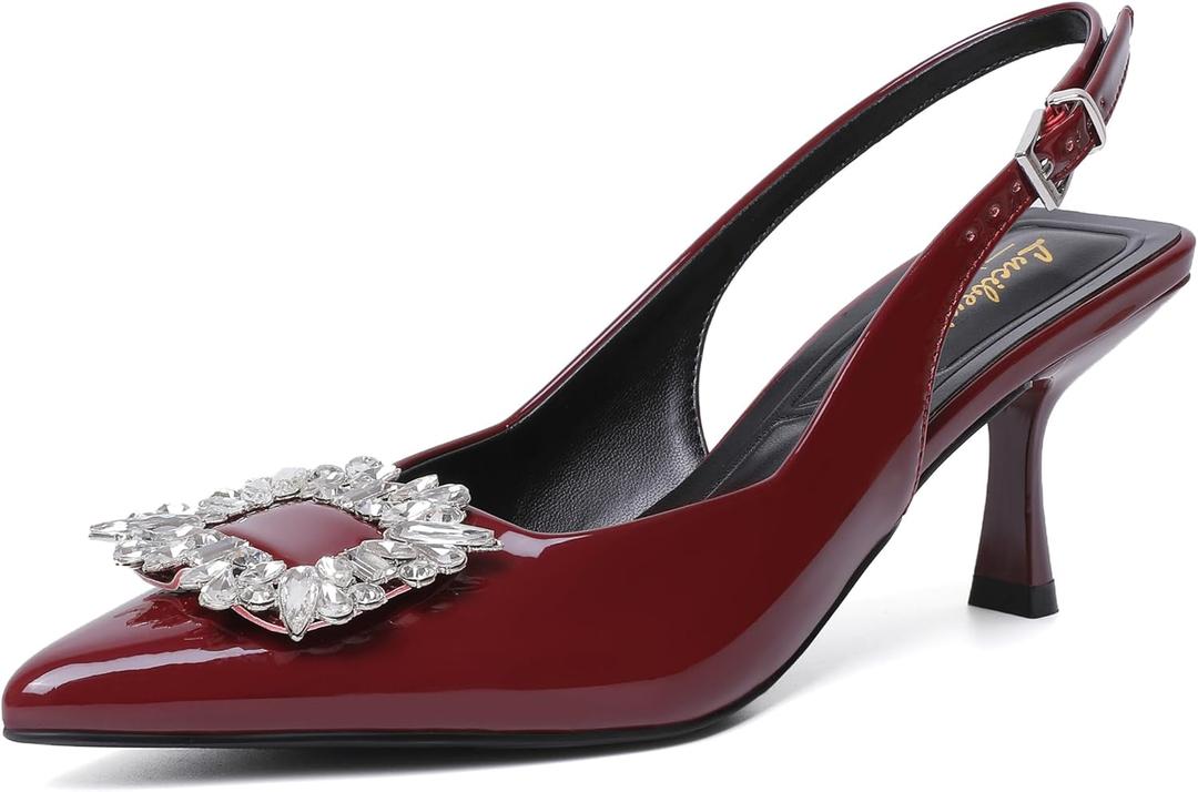 Women's Slingback Kitten Heels Closed Pointed Toe Dress Shoes with Rhinestone Wedding Party Pumps Patent Leather Dating Working (7.5, Burgundy Red)