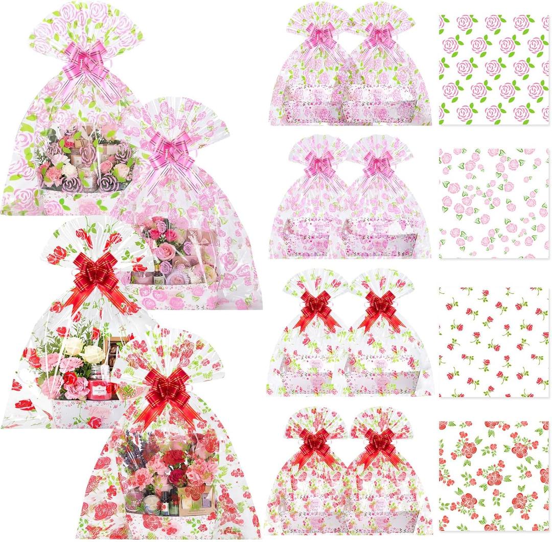 Gueevin 12 Sets Happy Mother's Day Empty Gift Baskets, 12 Cardboard Market Trays to Fill 12 Flowers Cellophane Bags 12 Pull Bows, DIY Gift Wrapping for Mother's Day Birthday Party