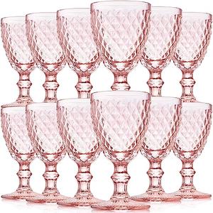 Lallisa Pink Wine Glass Set of 12 Vintage Glassware Pink Goblets 8 oz Embossed Drinking Glass with Stem High Clear Stemmed Cups Goblet for Wedding Party Banquet Feast Bar, Daily Use