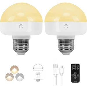 BLUEYE Rechargeable Light Bulbs,7W,350LM,40W Equivalent, Remote Control,E26 Detachable Charging,3 Color Temperatures, Battery Operated Puck Emergency Lamp, Timer, Dimmer, for Non-Hardwired,2Packs