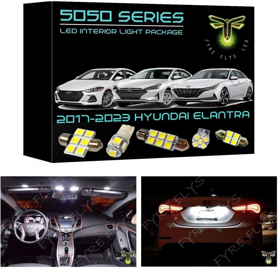 Fyre Flys 8 Piece White LED Interior Lights for 2017-2023 Hyundai Elantra 6000K 5050 Series SMD Package Kit and Install Tool