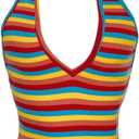 Women's Y2K Striped Backless Halter Top Sleeveless Low Cut V Neck Crop Tank Tops (S)