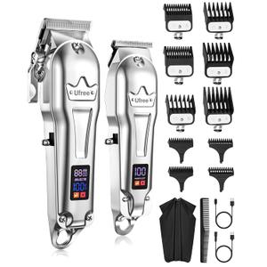 Ufree Professional Hair Clippers for Men, Cordless Metal Barber Clippers and Trimmers Set, Clippers for Hair Cutting Kit with LCD Display, Zero Gap T-Blade Beard Hair Trimmer, Gifts for Men, Silver