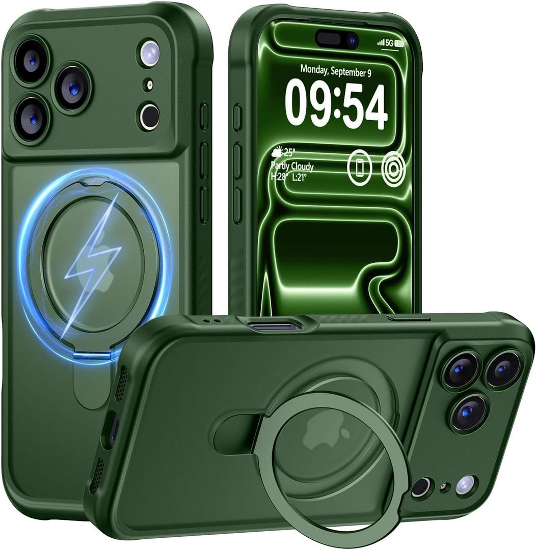 MOCCA Design for iPhone 17 Pro Case, Compatible with Magsafe [Premium Invisible Magnetic Ring Stand] [Military Drop Protection] Full Camera Guard Translucent Matte Slim Phone Cover 6.3",Dark Green