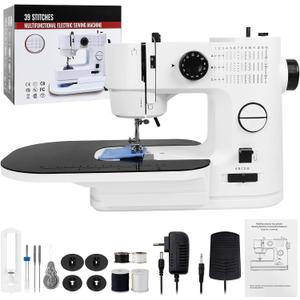 Qoosea Sewing Machine for Beginners, Portable Household Electric Sewing Machine with 39 Stitches & Dual Needle, Extension Table, Foot Pedal for Home DIY Crafts