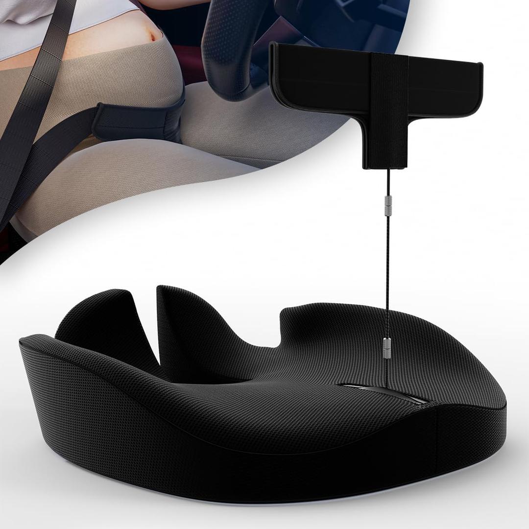 Pregnancy Car Seat Cushion for Pregnant Drivers and Passengers - Patent Pending - NHTSA Recommended - Prevent Compression of Belly - Easy to Set Up - Memory Foam for Sciatica, Hip, Coccyx Pain Relief
