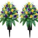 Artificial Cemetery Flowers, Gravesite Decoration Roses, Memorial Bouquets with Cemetery Vase, Vibrant and Long-Lasting Colors （ Yellow+Purple, 2 Bundles)