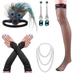 cridoz Flapper Accessories for Women, Flapper Accessories 1920s Gatsby Accessories Roaring 20s Accessories for Women Includes Flapper Gloves Headbands Necklace, Dark Green