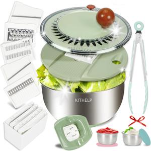 KITHELP Stainless Steel Salad Spinner Large, Vegetables Fruits Wash Bowl with Strainer, Lettuce Spinner Dryer with 5 Blades Slicer, Egg Yolk Strainer, Shredder for Efficient Salad Preparation 5.3Qt, Silver