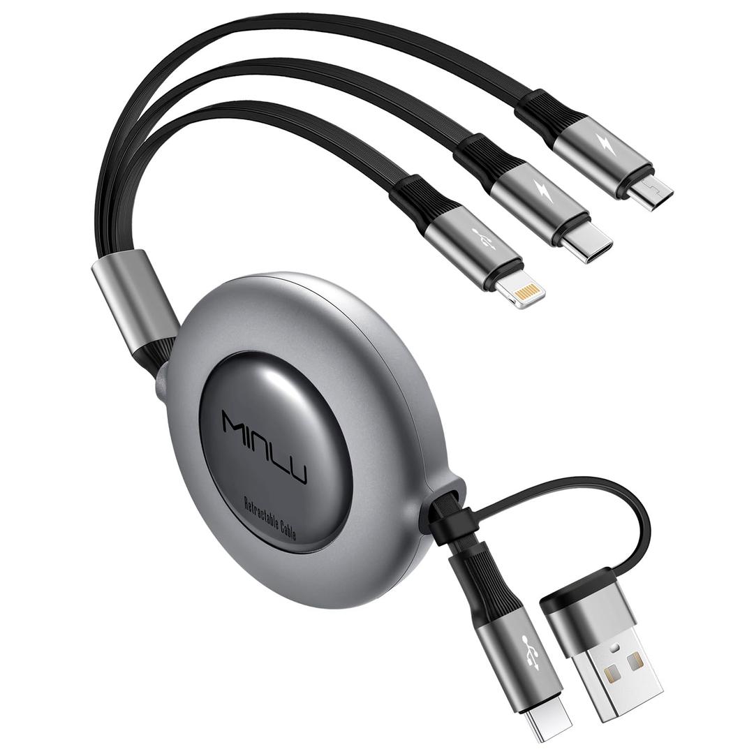 4 in 2 Retractable Charging Cable 4A,1 Pack 4Ft Multi Chargers for All Devices,USBC Charging Cable with A/C to Type C/L/Micro USB Ports Universal Multiple USB Cable for iPhone Series/Samsung/Tablets/PS