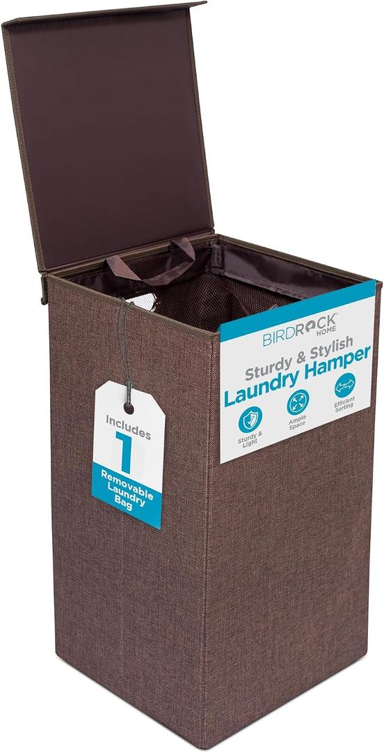 BirdRock Home Single Laundry Hamper with Lid and Removable Liner | Linen | Easily Transport Laundry | Foldable Hamper | Cut Out Handles, Twin