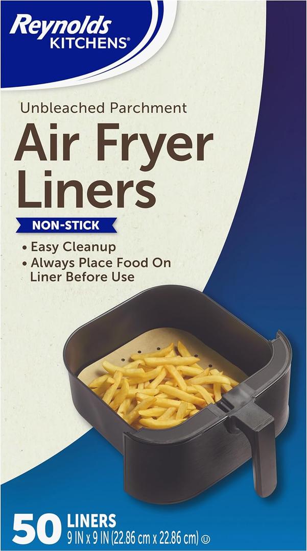 Reynolds Kitchens Air Fryer Liners Disposable, Unbleached Parchment Paper Sheets, 50 Count