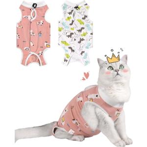 2 Pack Cat Spay Recovery Suit Female, Breathable Cat Onesie for Cats After Surgery Female, Kitten Surgery Recovery Suit for Abdominal Wounds (Medium, Alpaca + Dinosaur)