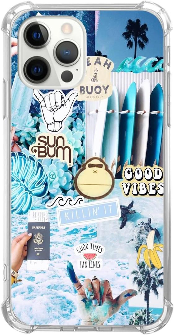 Good Vibes Picture Collage Phone Case for iPhone 16 Pro, Summer Sea Beach Blue Collage Cover for Women Men Girls Boys for iPhone 16 Pro, Trendy Design TPU Bumper Cover Case