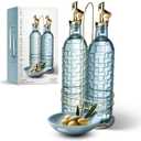 COOK WITH COLOR Glass Olive Oil Bottle Dispenser - 2 Pack- 17oz Oil and Vinegar Cruet - Olive Oil Carafe Decanter for Kitchen, Checkered, Blue