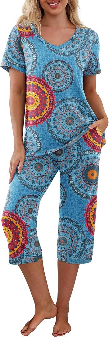 PrinStory Women's Pajama Set Short Sleeve Shirt and Capri Pants Sleepwear Pjs Sets with Pockets (XXL)